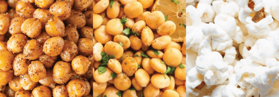 healthy snack - chickpeas, lupines, and popcorn