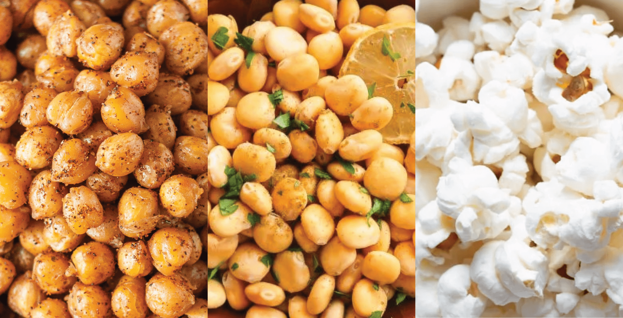 healthy snack - chickpeas, lupines, and popcorn